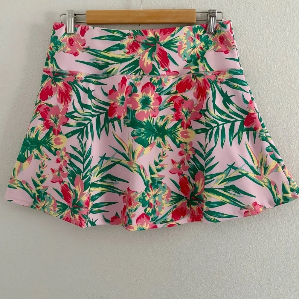 VOGO Athletica Tropical Floral Skort Pink Active Skirt w/ Built-In Shorts Size L